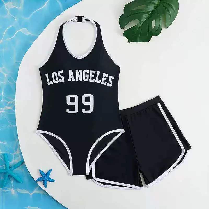Full-size swimsuit for girls 2026 with American neckline and children's beach shorts - Children's beachwear