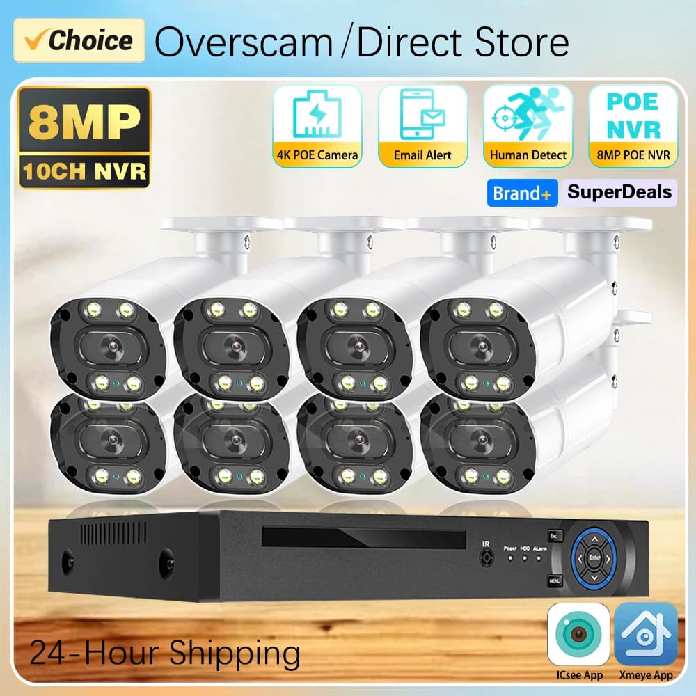 Sistema di Telecamere di Sicurezza 10CH 4K POE 8MP con Audio, Telecamere Bullet Impermeabili per Esterni, Visione Notturna a Colori, Set di Videosorveglianza XMeye