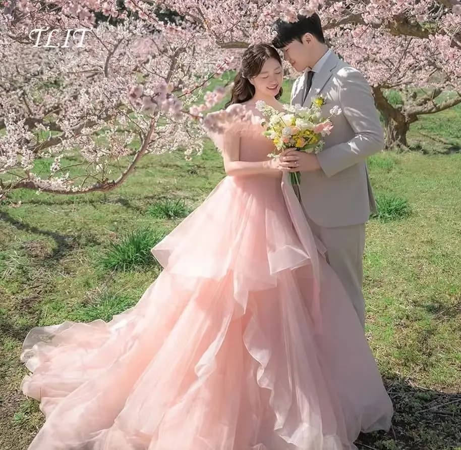 TLIT Fairy Light Pink Tulle Evening Dress Korea Wedding Dress Photo Shoot Sweetheart Off the Shoulder Prom Gowns Customized