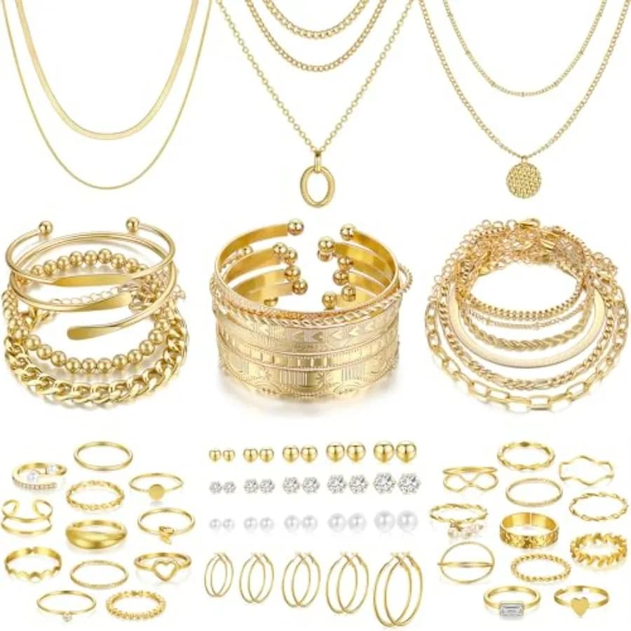 FAXHION Set di Gioielli da Donna 68 Pezzi con 7 Collane, 17 Bracciali, 5 Orecchini a Cerchio, 15 Orecchini a Perno, 24 Anelli da Dito
