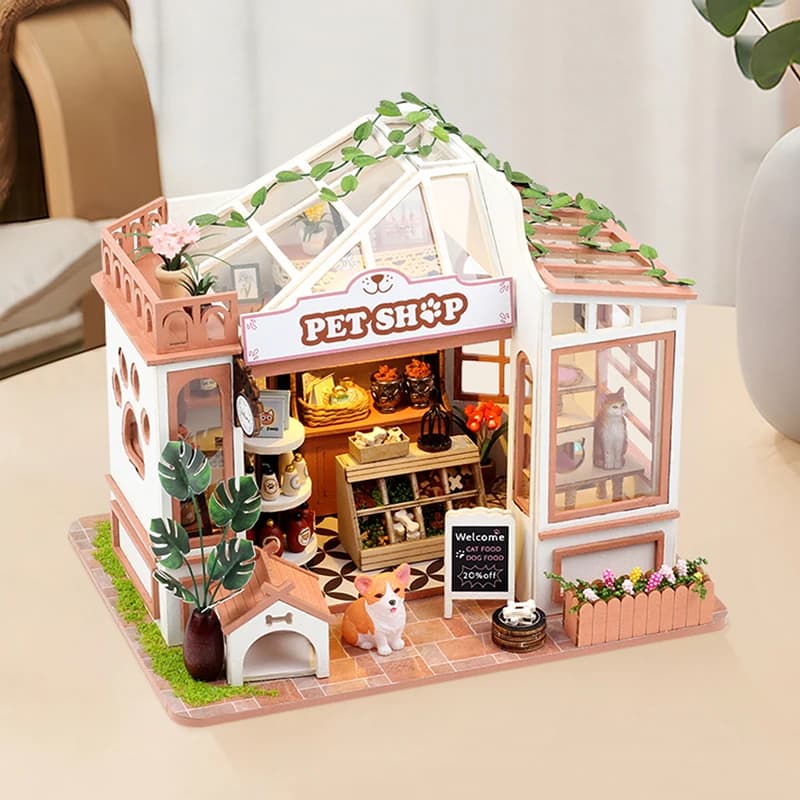 Casa delle bambole in legno fai-da-te Negozio di animali per cani in miniatura con kit di mobili assemblare giocattolo da costruzione per bambini Regalo di compleanno per adulti Casa