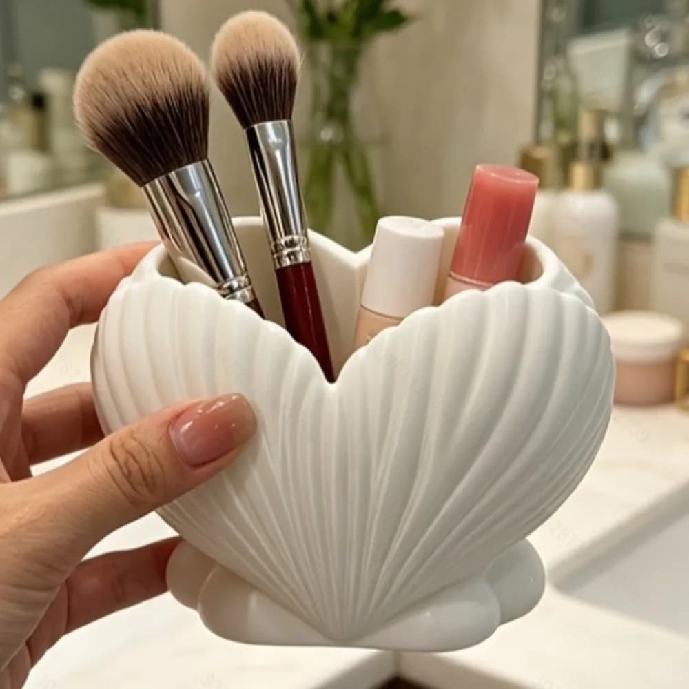 3D Printed Shell Shape Toothpaste Toothbrush Holder Coastal Style Plastic Makeup Brush Stand Stable Base Aesthetic