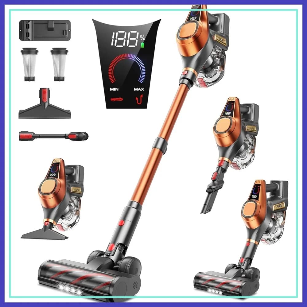 Aspirapolvere Senza Fili 650W 55KPA, 70 Minuti di Autonomia, Contenitore Polvere 1.6L, Display LED, Anti-Groviglio, Autoportante, per Tappeti, Pavimenti Duri, Peli di Animali Domestici, Auto