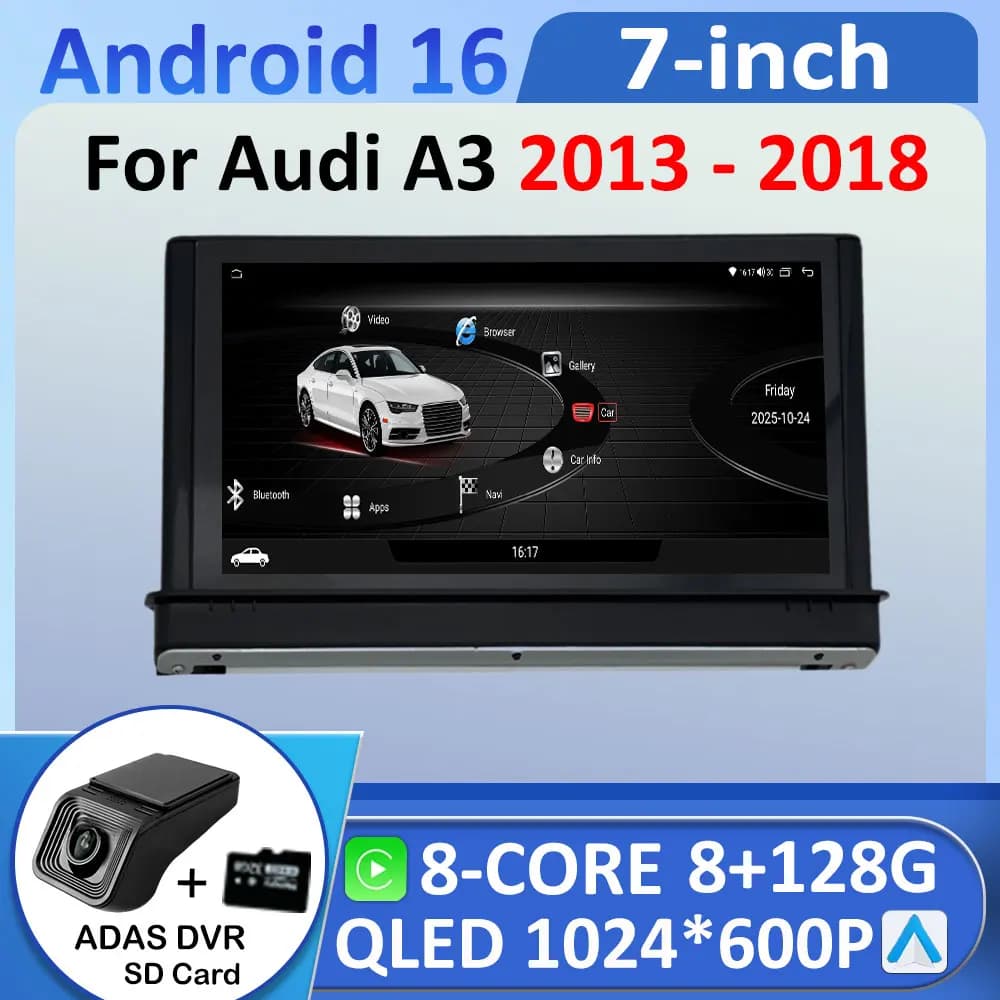 Autoradio multimediale Android 16 da 7 pollici per Audi A3 2013-2018 con schermo touch IPS, Bluetooth, SIM, WIFI, GPS e navigatore