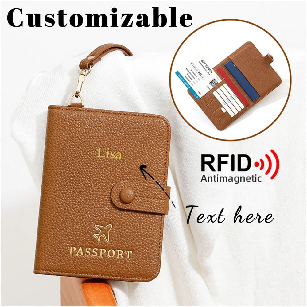 Customized Name Lady Travel Passport Protection Book RFID Neck Passport Case with Leather Card Holder Wallet