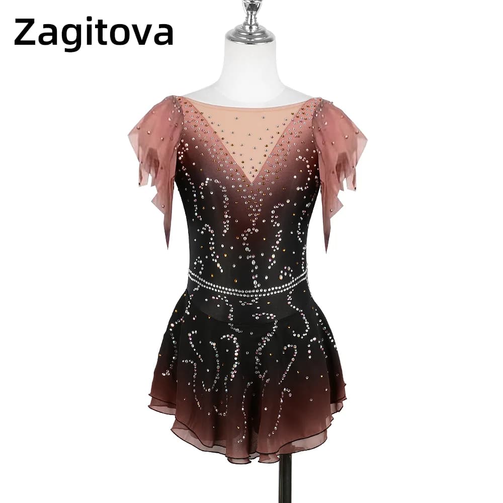 Zagitova Abito da pattinaggio di figura Donna Ragazza Gonna da pattinaggio su ghiaccio Senza maniche Sfumato Marrone Manica corta Gonna a rete con diamanti senza schienale