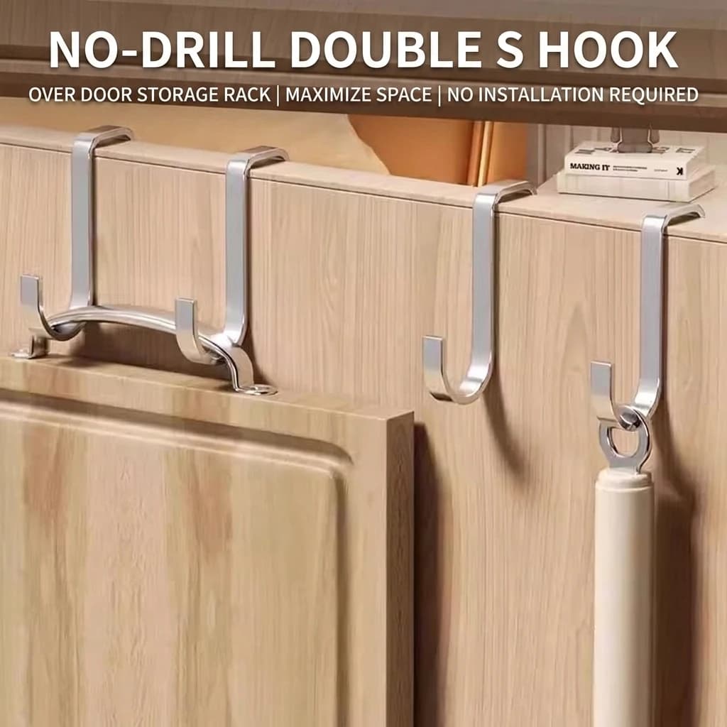 Heavy Duty Stainless Steel Double S Shaped Over The Door Hook Punch Free Reversible Hanger Organizer For Hanging Clothes Towels