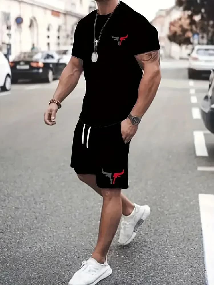 Set Estivo da Uomo: T-Shirt Casual a Maniche Corte con Stampa Testa di Toro, Abbigliamento Streetwear con Collo Tondo