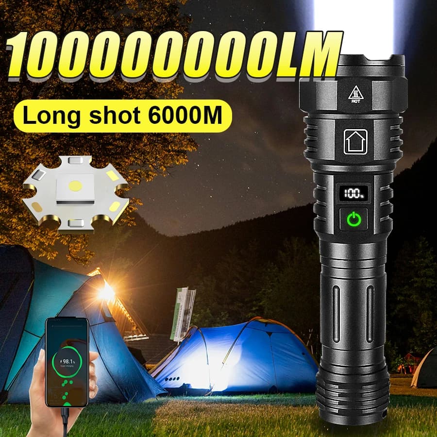 Torcia LED Ricaricabile Ultra Luminosa 100000000LM, Portata 6000M, Zoom Regolabile, Funzione Power Bank, Luce per Campeggio Outdoor