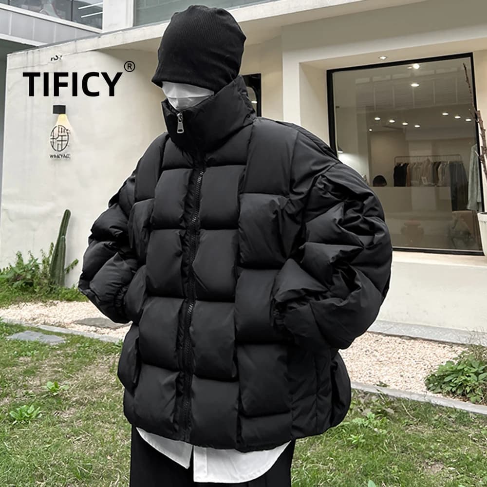 High End Street Woven Thick Parkas Men's Winter Warm Standing Collar with Padded Streetwear Casual Jacket Coats