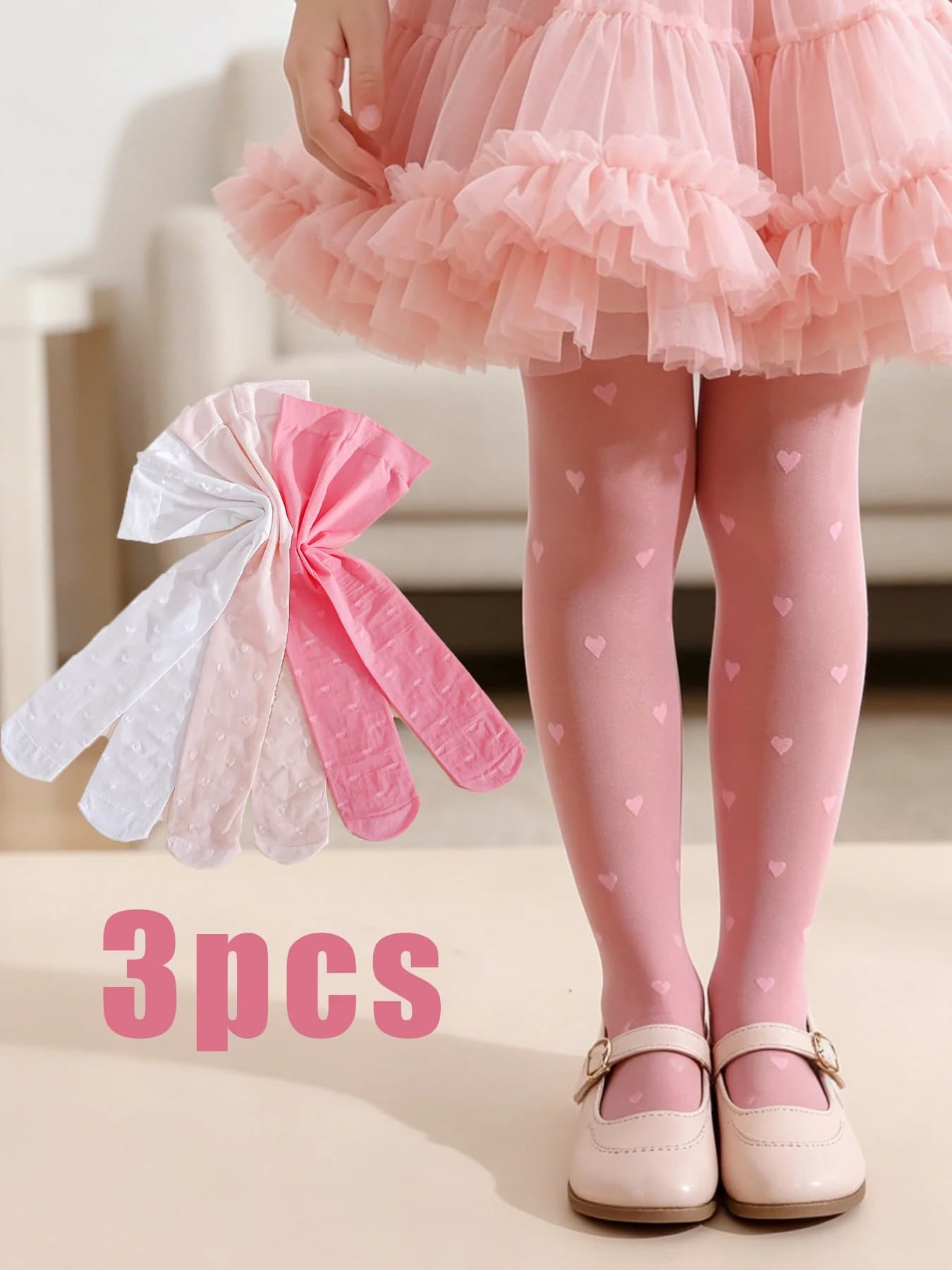 3Pcs Girls Heart Print Tights 0-14Y Sheer Breathable Nylon Spandex Elastic Kids Pantyhose For Summer Under Dress & Daily Wear