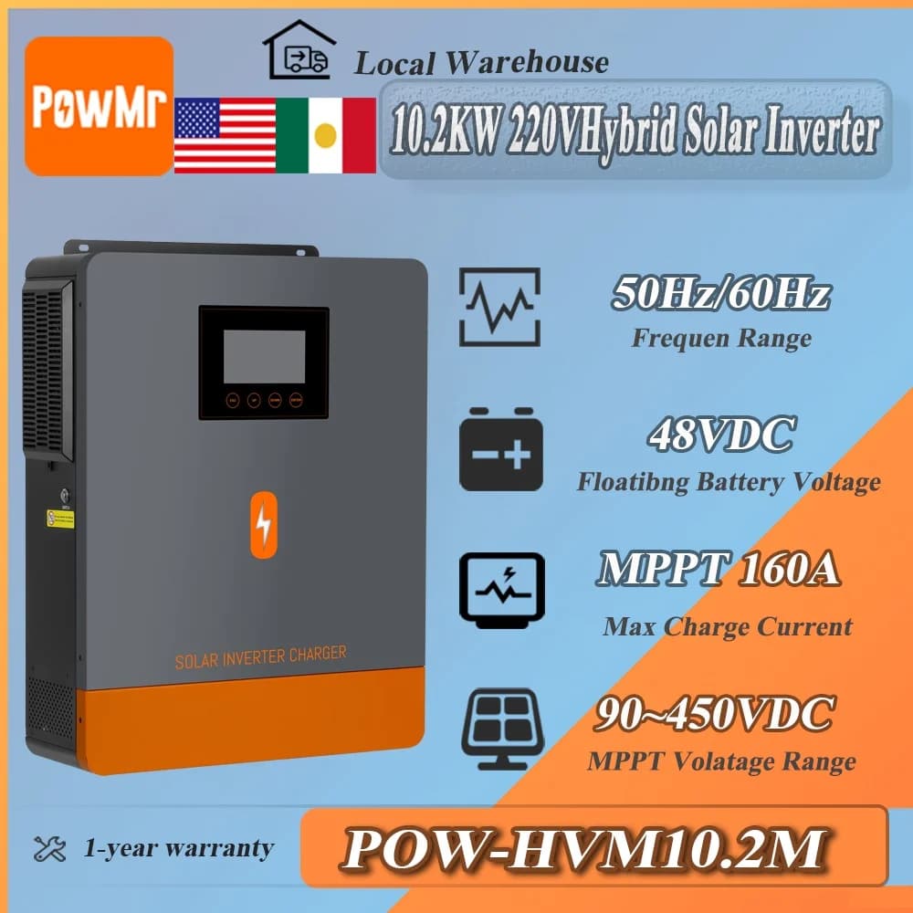 PowMr Inverter Ibrido a Onda Pura 48DC 10.2KW 220V con Regolatore Solare MPPT 160A e Doppia Interfaccia AC e PV
