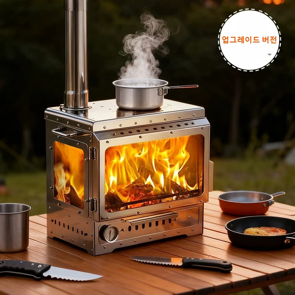 Stainless steel fireplace with 3 glass fire observation, portable brazier with fireplace, camping oven, outdoor wood stove, tent heater