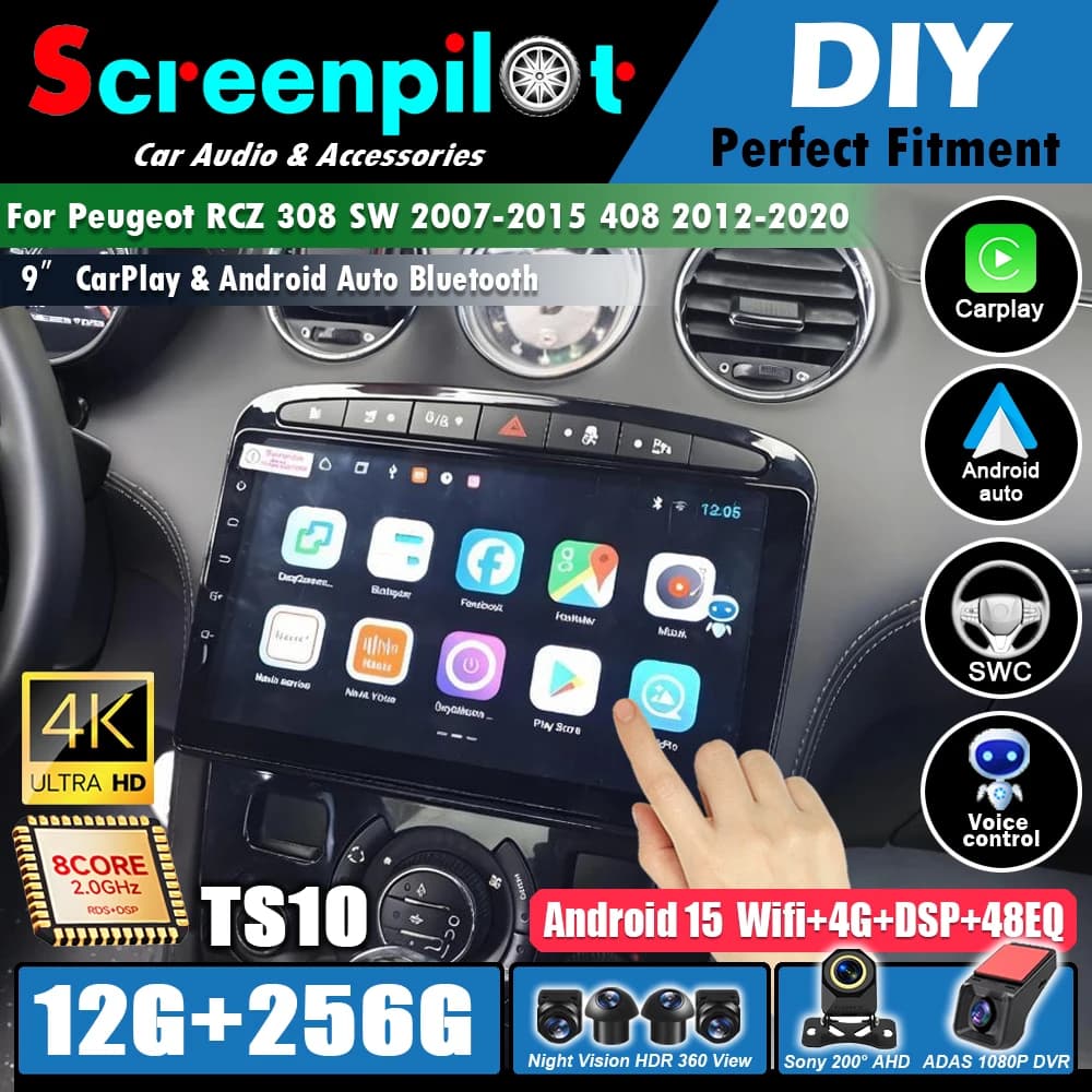 Android 16Carplay Auto For Peugeot RCZ 308 SW 2007-2015 408 2012-2020 Car Radio Player Stereo Multimedia Video WIFI 5G DSP GPS