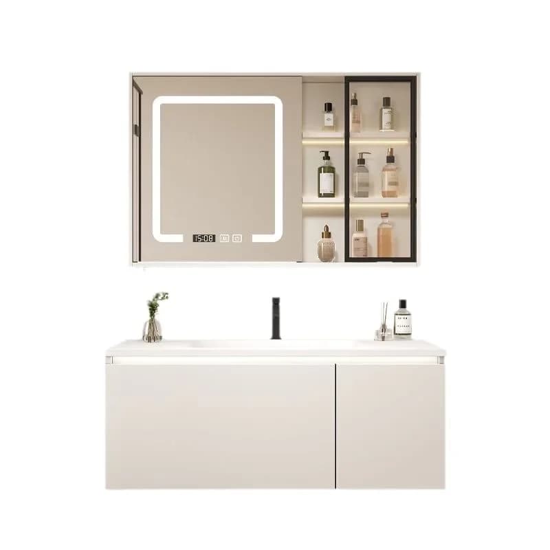 Lavabo integrato lavabo crema vento mobiletto da bagno pelle pietra artificiale lavabo integrato mobiletto da bagno con specchio intelligente
