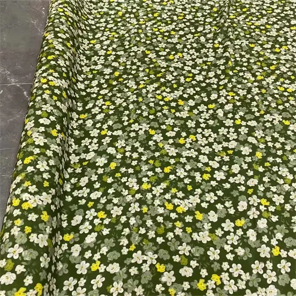 Fashion Double Crepe Silk Fabric Fresh Breeze Small Floral Patterns Dark Green Background Luxury Brand Dress Women Cloth Fabric
