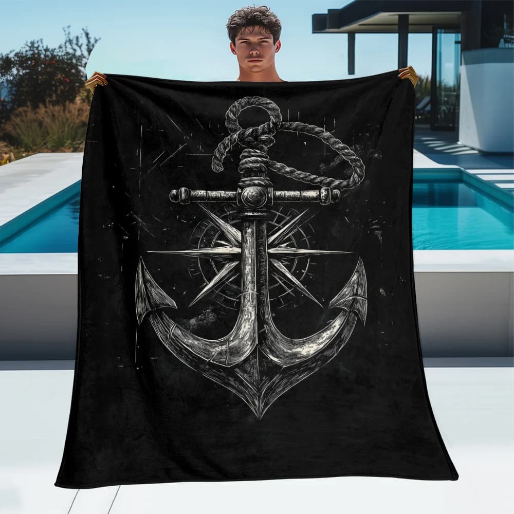 1pc Corda di ancoraggio nautica Bussola Coperta in pile Tema marino Design in bianco e nero Morbido tiro per gli uomini Amante della barca Decorazioni per la casa