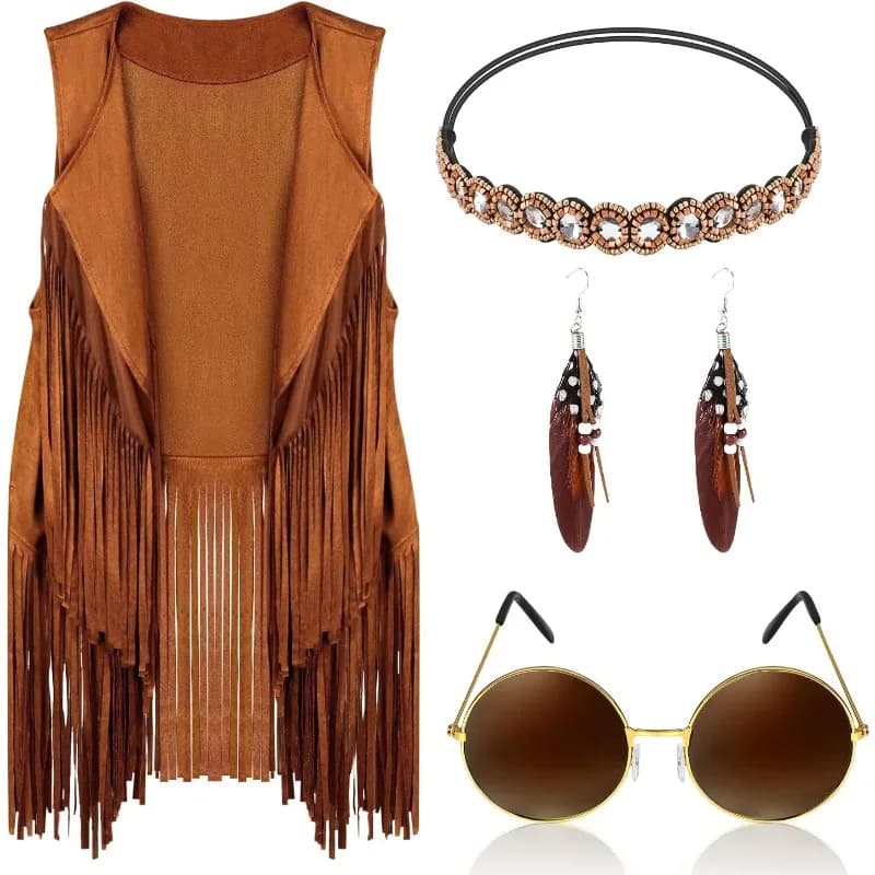 5 Pcs Hippie Costume Accessories for Women,Disco 70s Hippie Outfit Sleeveless Fringe Vest Bohemian Feather Earrings and Headband