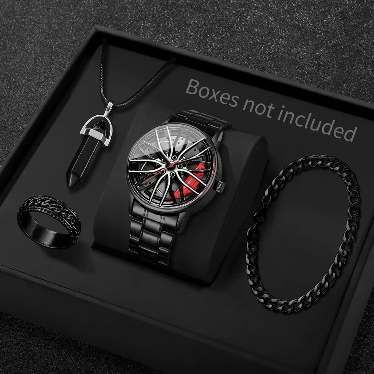 Set di 4 Orologi Sportivi da Uomo con Quadrante 3D a Forma di Ruota d'Auto, Orologio al Quarzo di Lusso in Acciaio Inossidabile, Set di Gioielli Reloj Hombre (Senza Scatola)