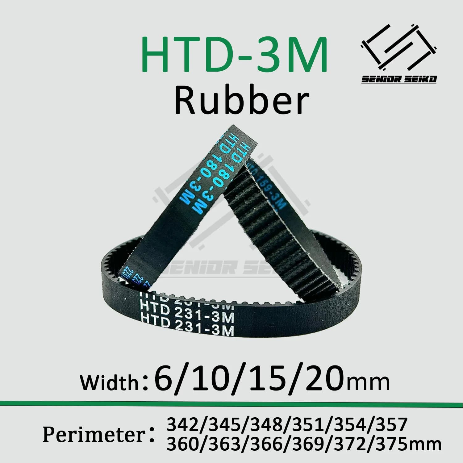 3M HTD Timing Belt Length 342/345/348/351/354/357/360/363/366/369/372/375mm Width 6/10/15/20mm HTD3M Closed Synchronous Belts