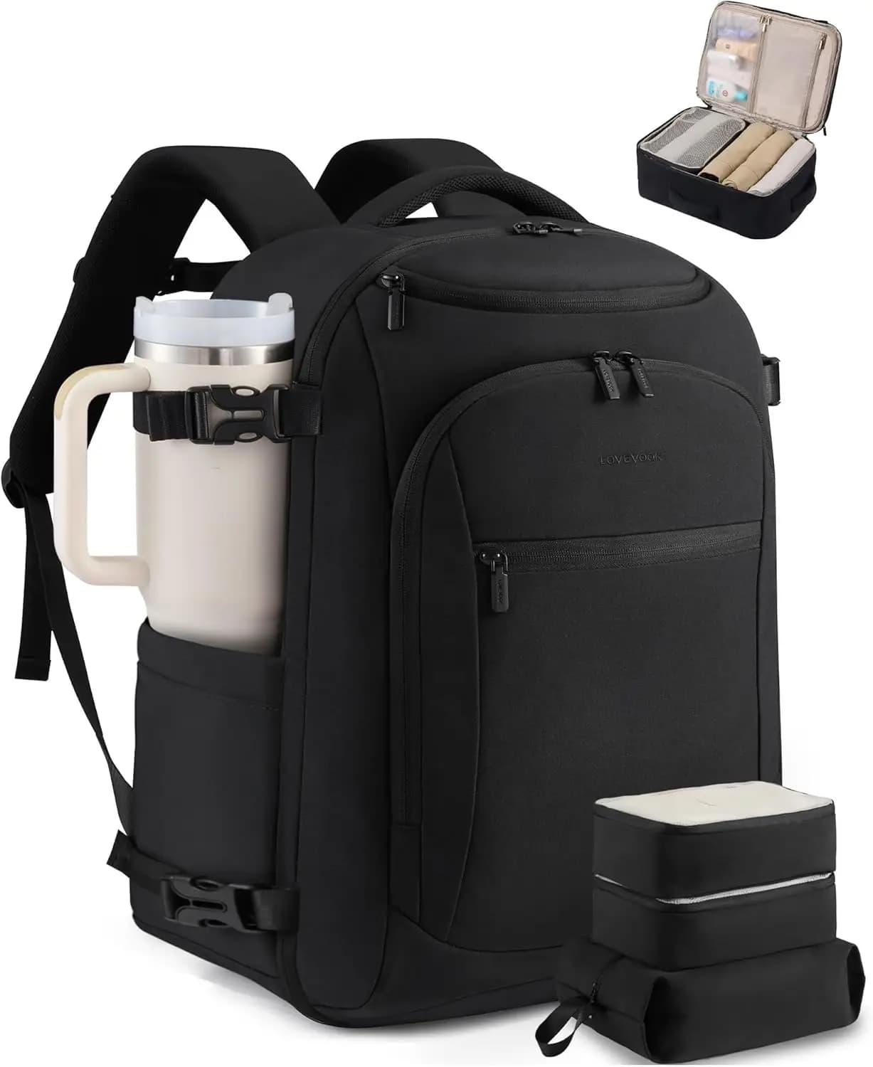Travel Backpack Approved by Airline Companies from 40L with 3 Cubes Organizers, Waterproof, Handbag for Laptop from 18 Inch, for Women and Men