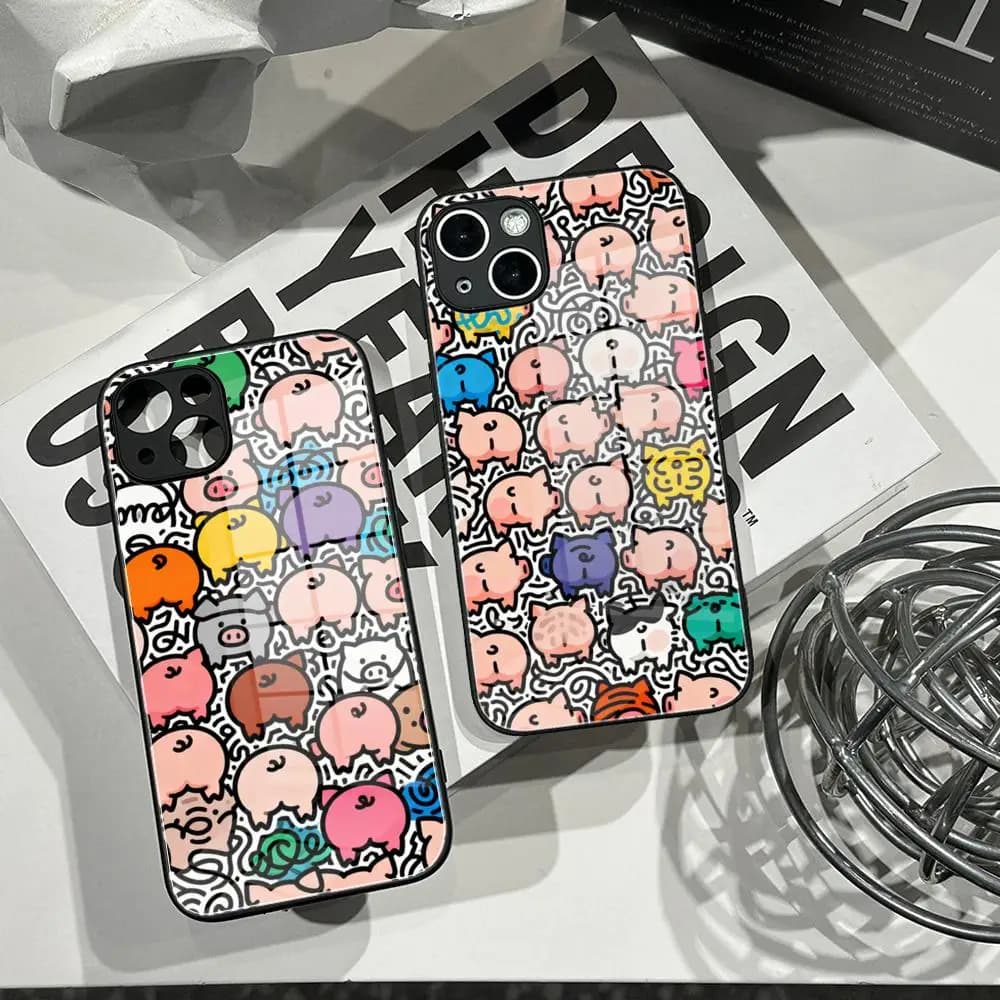 Cute Pig Doodle Phone Case Tempered Glass Shell FOR IPhone 16ProMAX 14 12 17Pro Air 15 16 Plus 13 Pro MAX Cover
