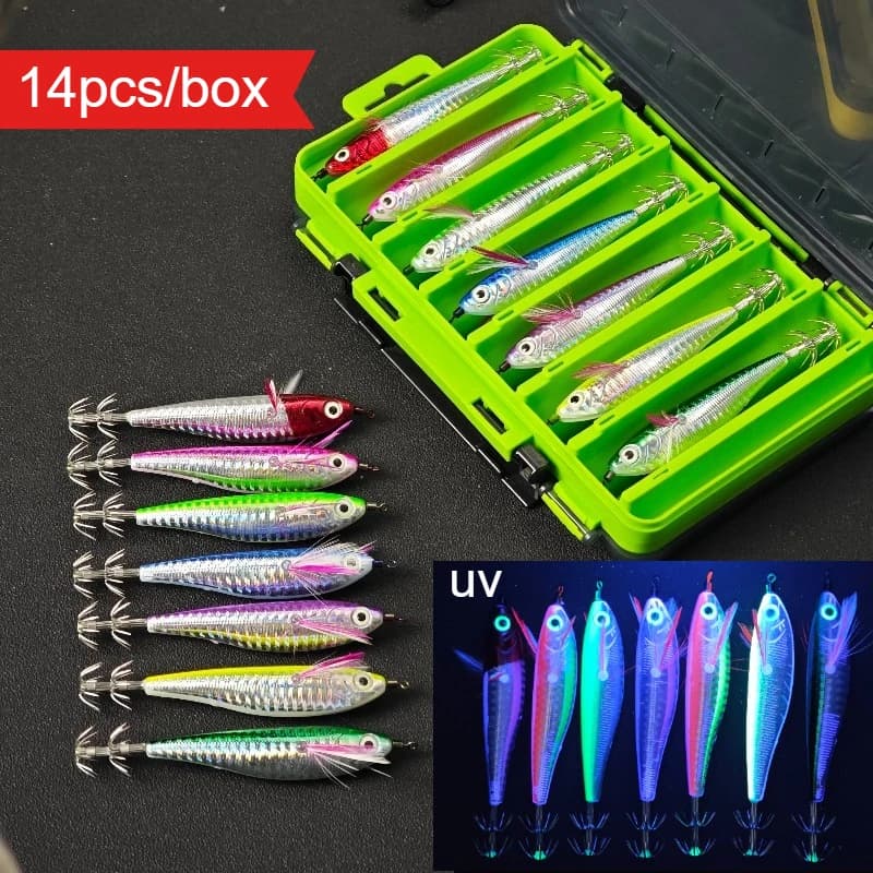 Set of 14 UV reflective artificial baits for squid, 10,5 cm, balanced, for sepia and octopus, set Egi in the shape of shrimp