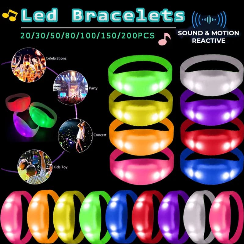 20-200PCS Music&Sound Activated LED Bracelets Rhythmic Audio Led Bracelets Neon Light Up Wristbands for Glow Party Wedding