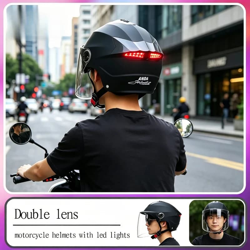 Caschi da Moto con Luci LED, Casco per Ciclomotore e Scooter Elettrico per Uomini e Donne, con Doppia Visiera, Luce Ricaricabile per Bicicletta