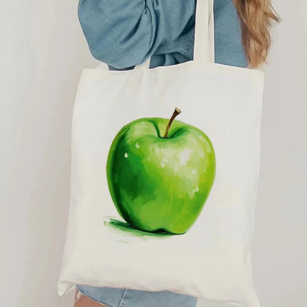 Minimalist Green Apple Art Canvas Tote Bag Shoulder Bag with Realistic Green Apple Print Reusable Handbag for Daily use