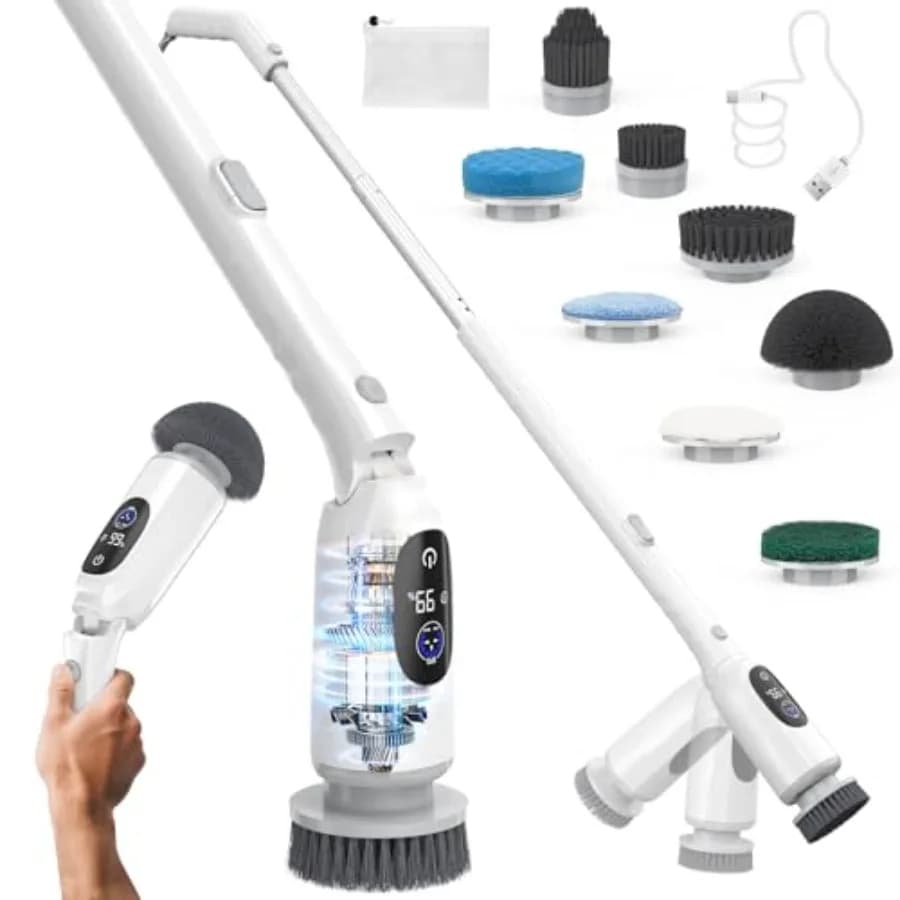 Spazzola Elettrica Rotante Senza Fili per Pulizia, 3 Ore di Autonomia, Spazzola per Bagno con Display LED, 3 Velocità, Manico Estensibile, IPX7 Impermeabile