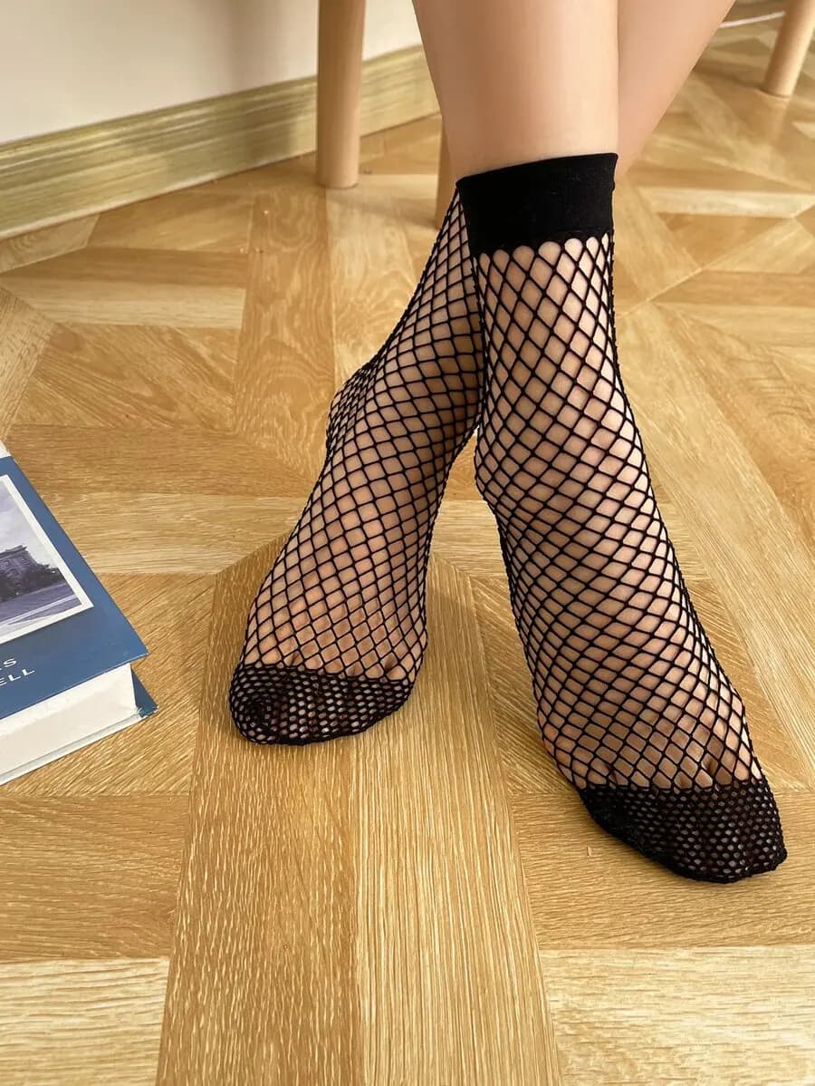 Black Fishnet Crew Socks Hollow Out Mesh Net Ankle Socks For Women