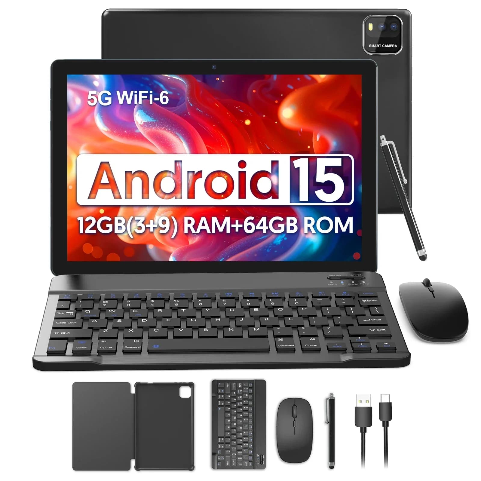 Nuovo tablet Android da 10,1 pollici, supporta Google Play, processore quad-core, RAM 12 GB (3+9), ROM 64 GB, Bluetooth, batteria da 6000 mAh