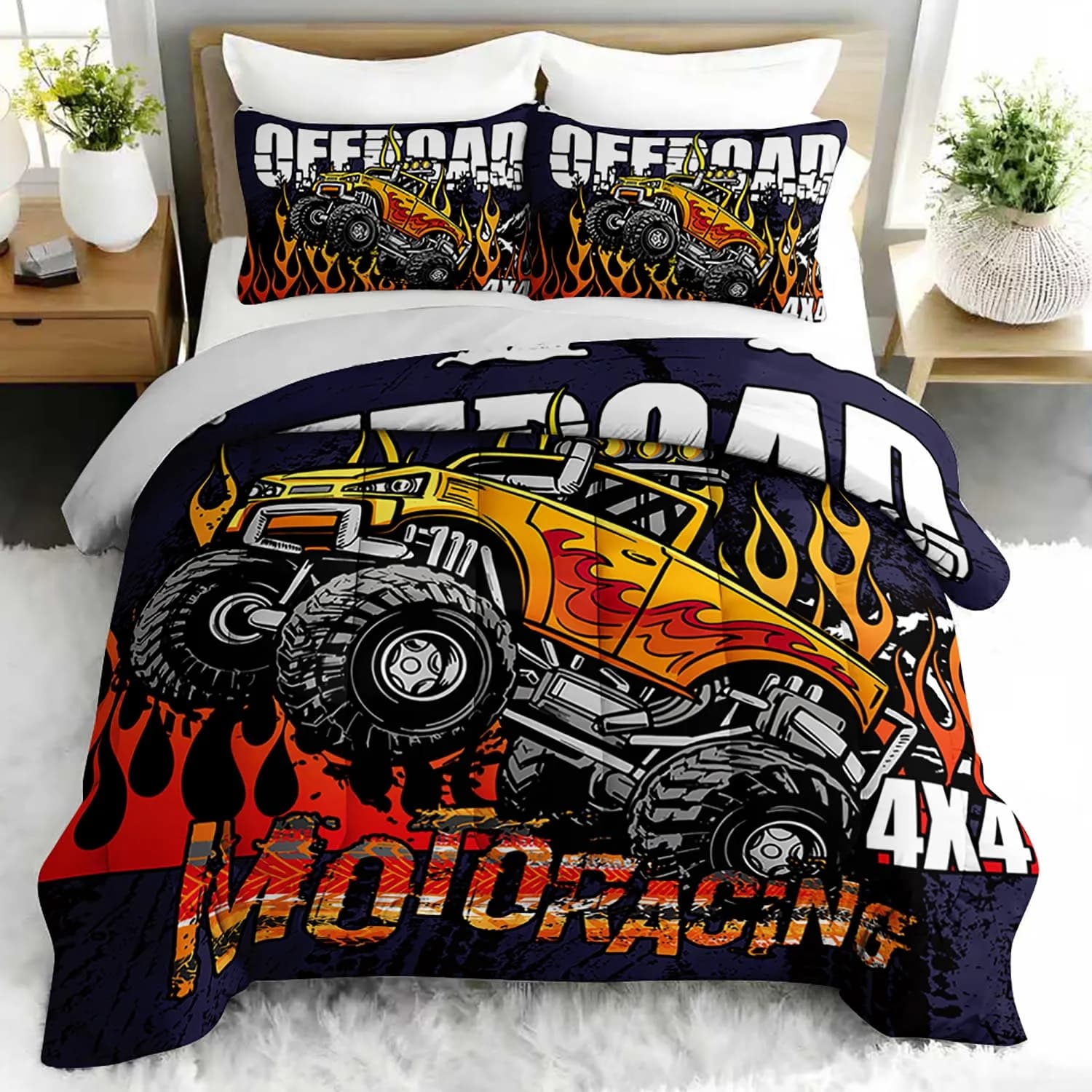 Monster Truck Racing 3-piece bedding set, off-road duvet cover with 2 pillowcases for guest bedroom or room decoration, automotive theme
