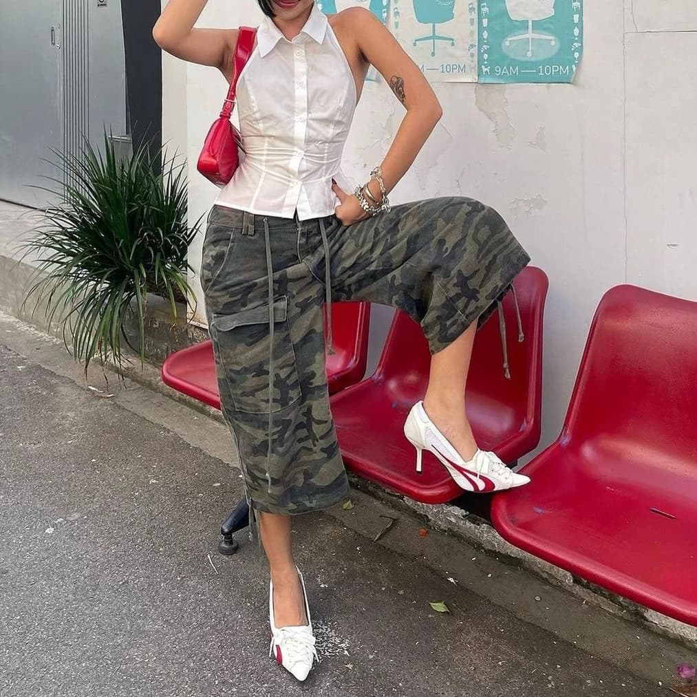 Jeans da Donna a Gamba Larga, Pantaloni in Denim Vintage Camouflage a Vita Alta, Stile Y2k Streetwear, Eleganti per Lavoro e Casual