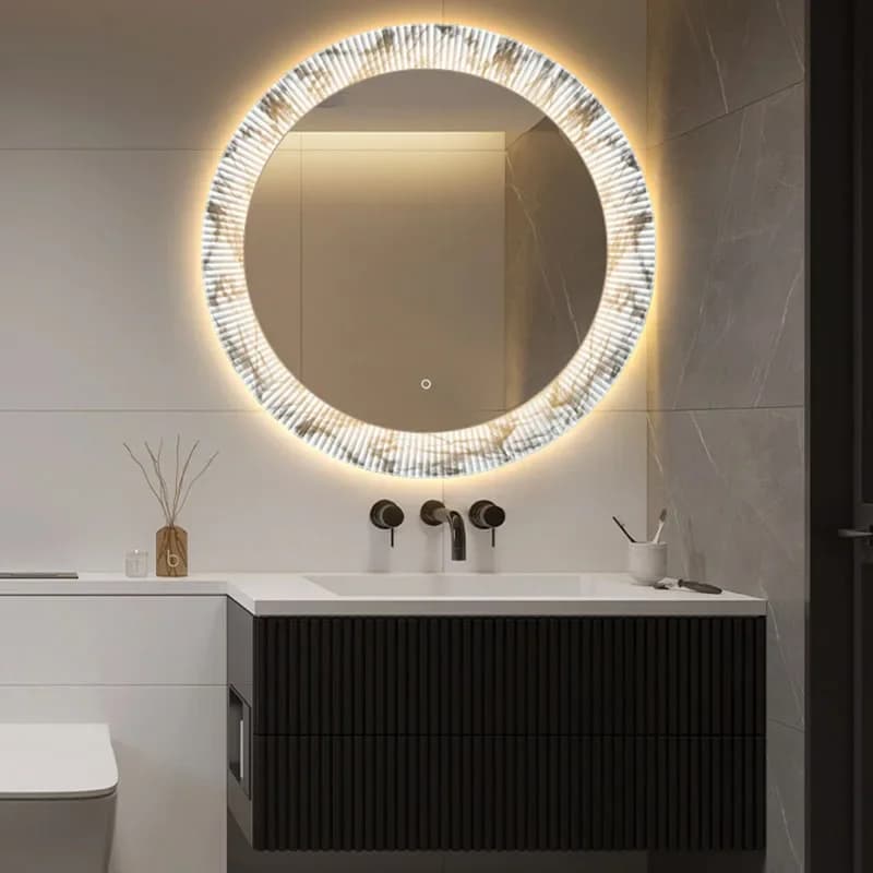 Specchio da bagno rotondo intelligente a LED con specchio cosmetico retroilluminato a parete con motivo in marmo con controllo touch per l'arredamento del bagno