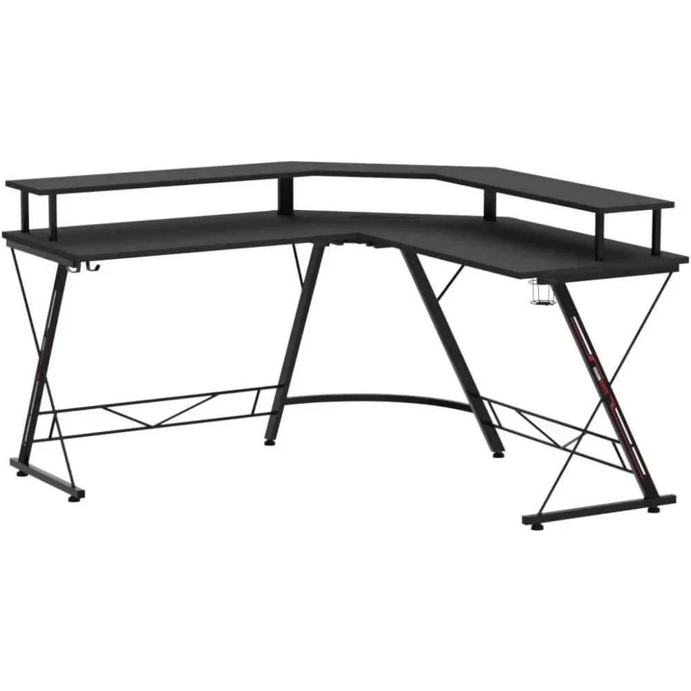SAT L Shaped Gaming Desk with LED Lights & Power Outlets, 50.4” Computer Desk with Monitor Stand & Carbon Fiber Surface