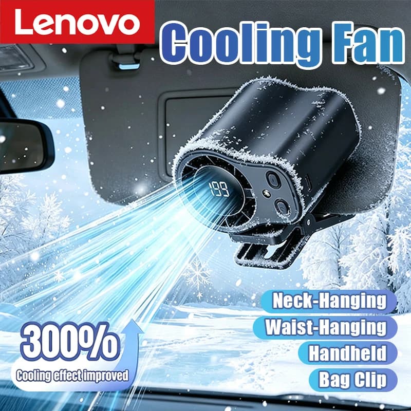 Lenovo Car Fan USB Rechargeable Portable Clip-on Desk Fan LED Display 360° Rotation Quiet Powerful Airflow Camping Travel Office