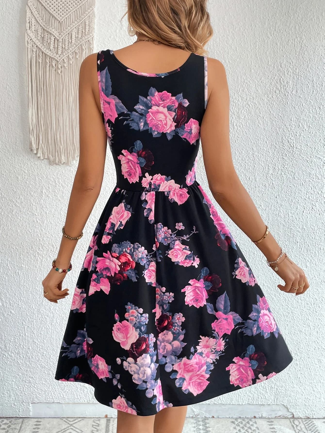 Black Floral A-Line Sleeveless Dress For Summer Holiday, Party, Wedding Guest, Casual Or Formal Occasions