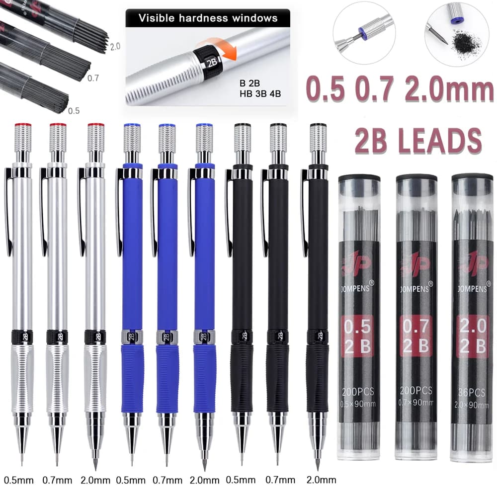 Creative 0.5/0.7/2.0mm Mechanical Pencil Set with 2box Leads，Automatic Pencil Sketch Painting Office Writing Stationery Supply