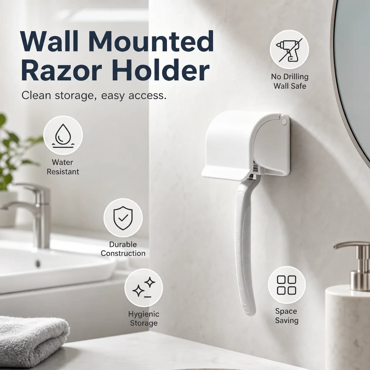 Wall Mounted Razor Holder Adhesive Bathroom Organizer with Drain Slot for Electric Shavers and Toothbrushes Home Hotel Storage