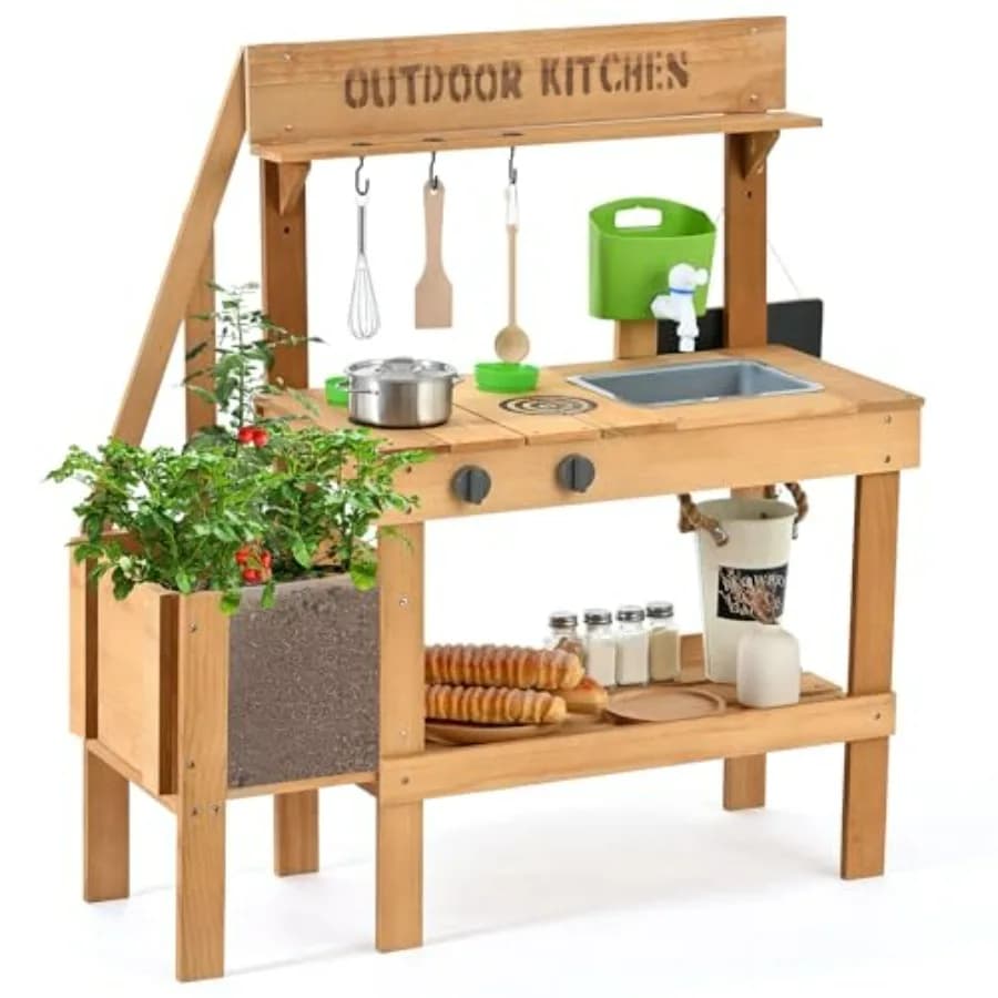 Cucina Giocattolo in Legno da Esterno con Fioriera, Lavello per Bambini, Rubinetto, Lavagna, Bicchiere e Accessori in Nero