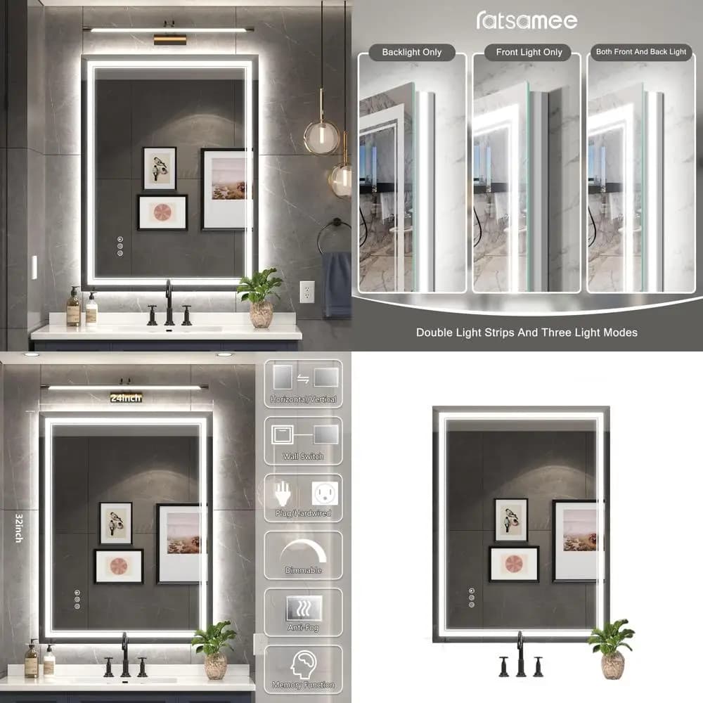 Specchio da bagno illuminato a LED da 24x32 pollici con illuminazione frontale e posteriore, specchio cosmetico impermeabile dimmerabile, antiappannamento