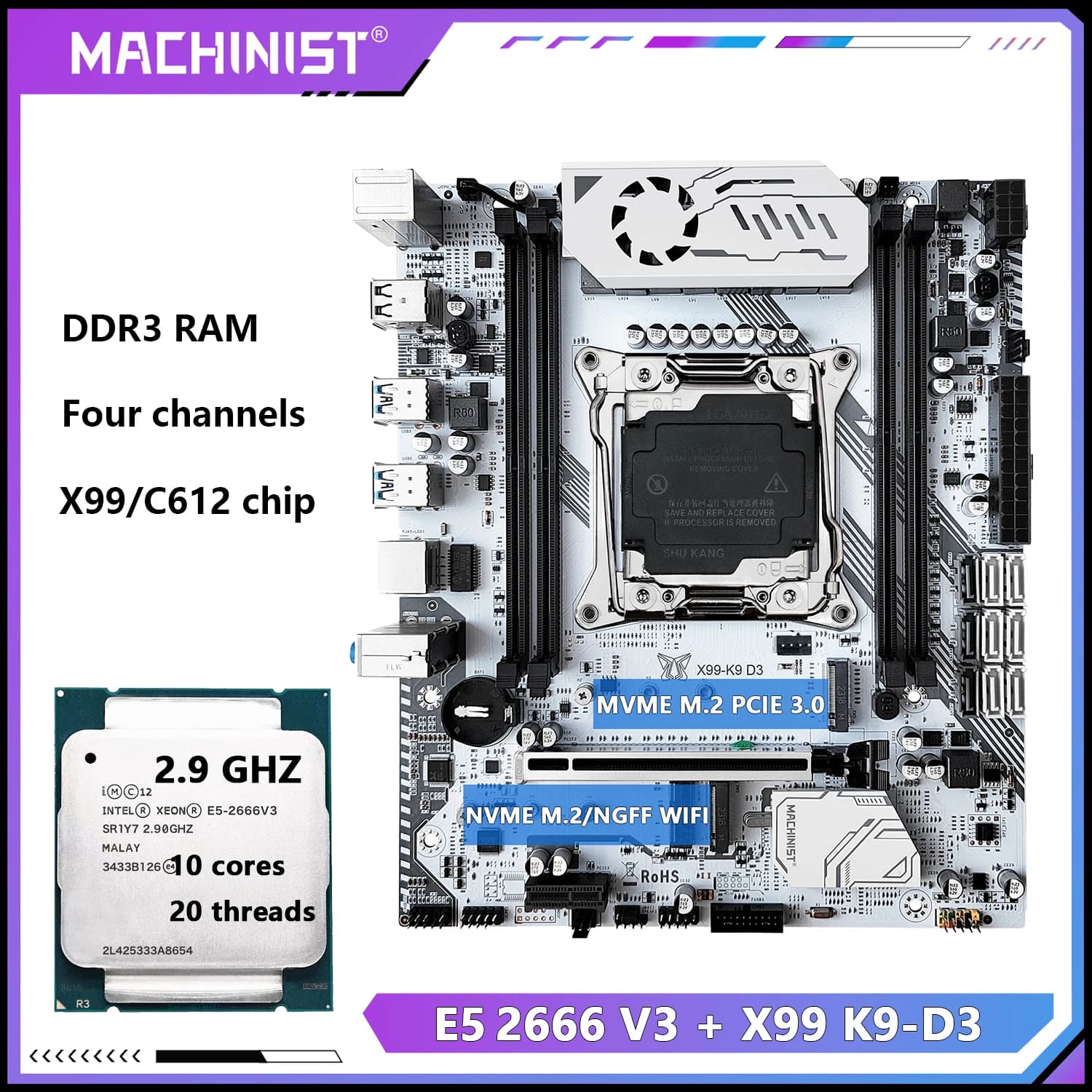 Kit scheda madre MACHINIST X99 K9-D3 con chip C612, CPU E5 2666 V3 e E5 2673 V3 opzionali, supporto RAM DDR3 a quattro canali, formato M-ATX