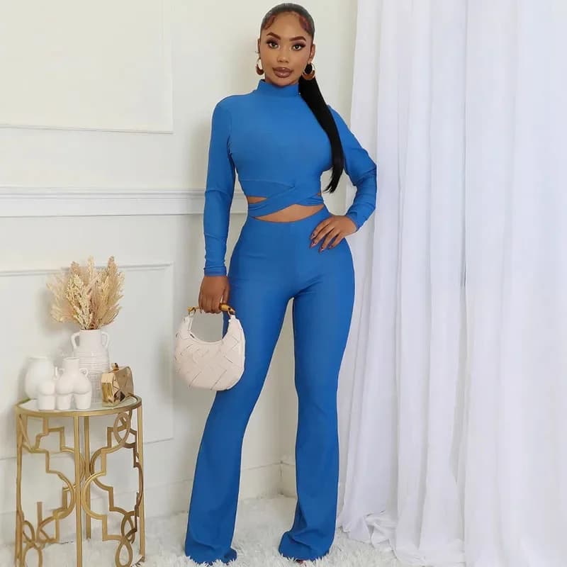 Solido elegante set a due pezzi per donna Y2K vestiti fasciatura a maniche lunghe crop top e pantaloni svasati donna 2 pezzi outfit clubwear