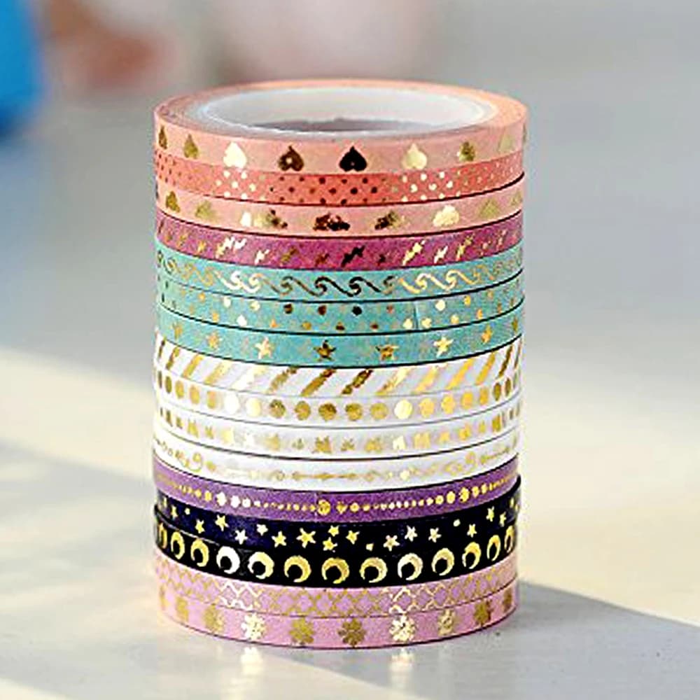 16 Rolls Gold Foil Skinny Scrapbooking Washi tape Set ,Stationery Slim Decorative Adhesive Tape, Journal Supplies Masking Tapes