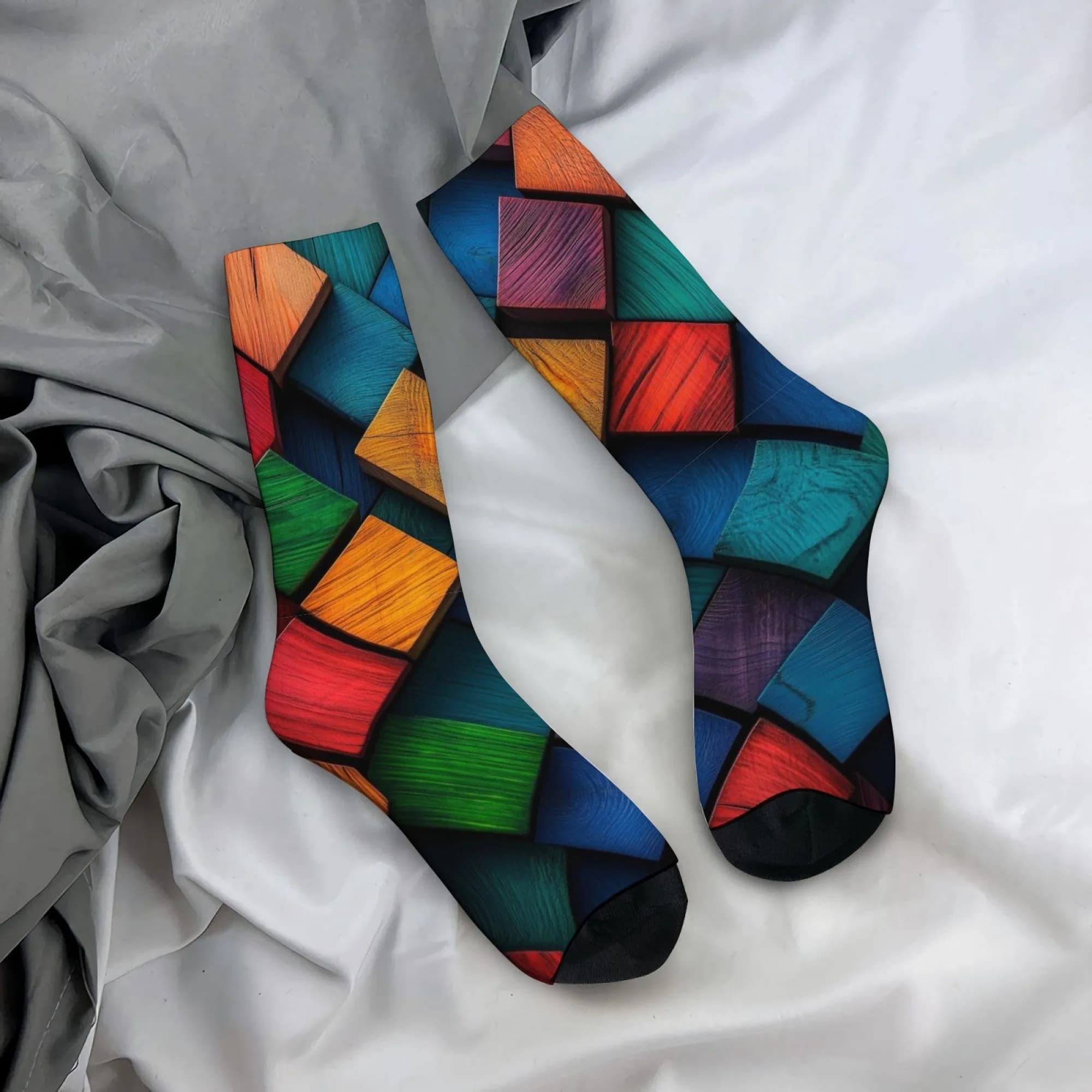 Calzini da uomo con stampa geometrica su blocchi di legno, stile industriale retrò Harajuku, calzini casual alla moda, perfetti per feste inquietanti.