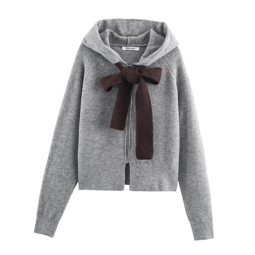 Autumn Winter Hooded Bow Knit Sweater Cardigans Women's Elegant Temperament Solid Color Sweaters Warm Commute Knitted Tops