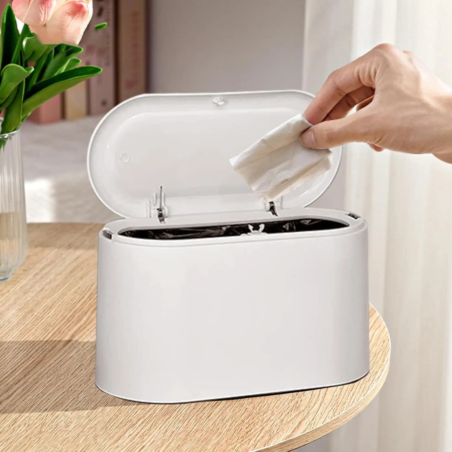 Mini Trash Can with Lid - Small Garbage Bin Pop Up Countertop Wastebasket for Bathroom Office Kitchen Desk Coffee Table (White)
