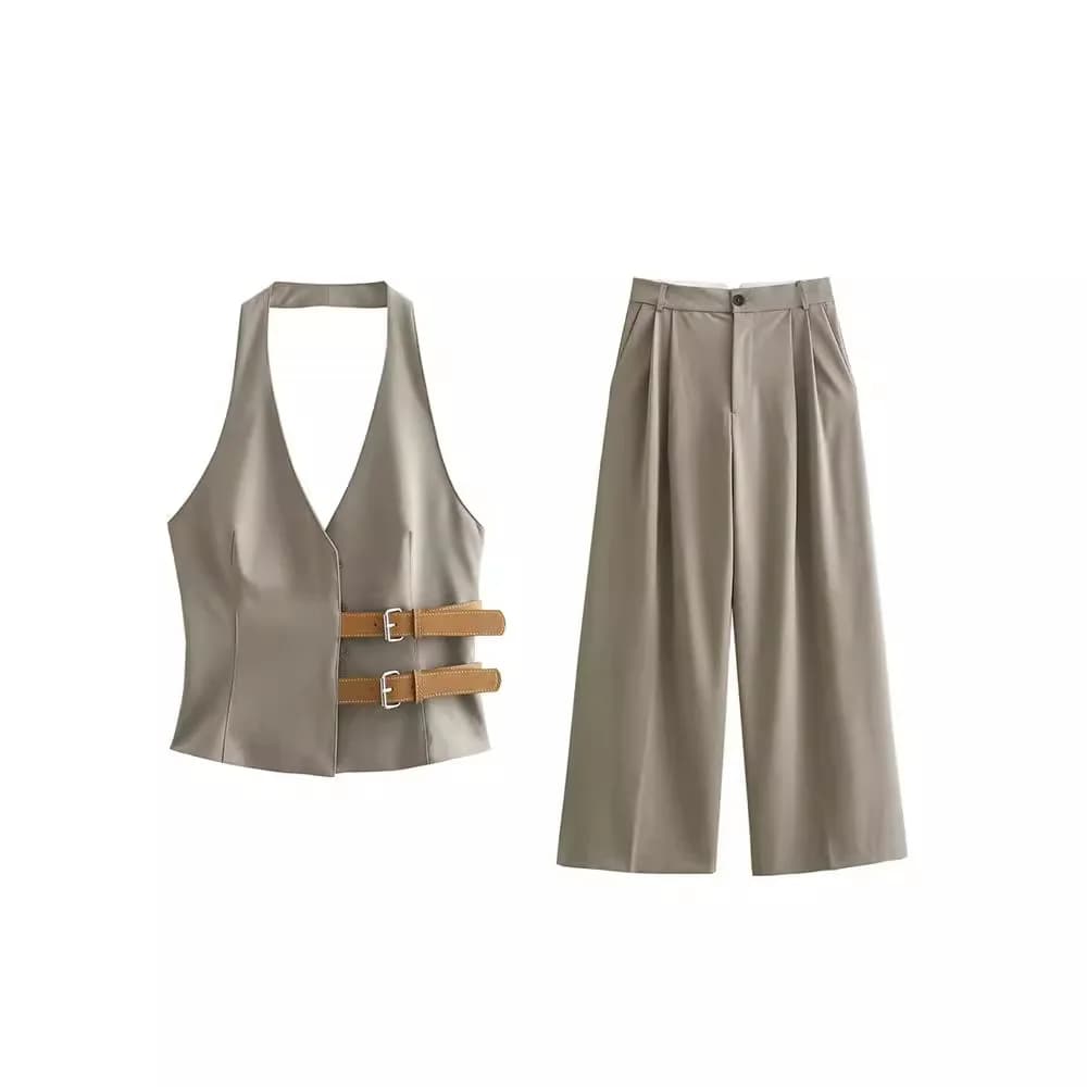 Primavera/Estate Nuovo stile da donna dimagrante con cintura appesa al collo canotta a vita alta e pantaloni lunghi